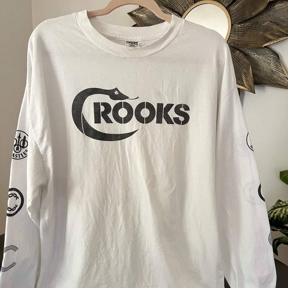 Crooks & Castles Snake Logo Long Sleeve Tee White Black Men's Size XL
